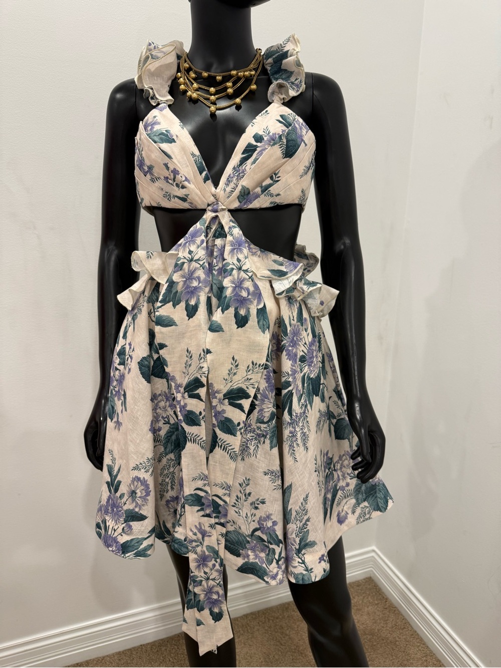 Zimmermann Cassia Hydrangea Floral Linen Ruffle Cutout Mini Dress size 1/S NEW